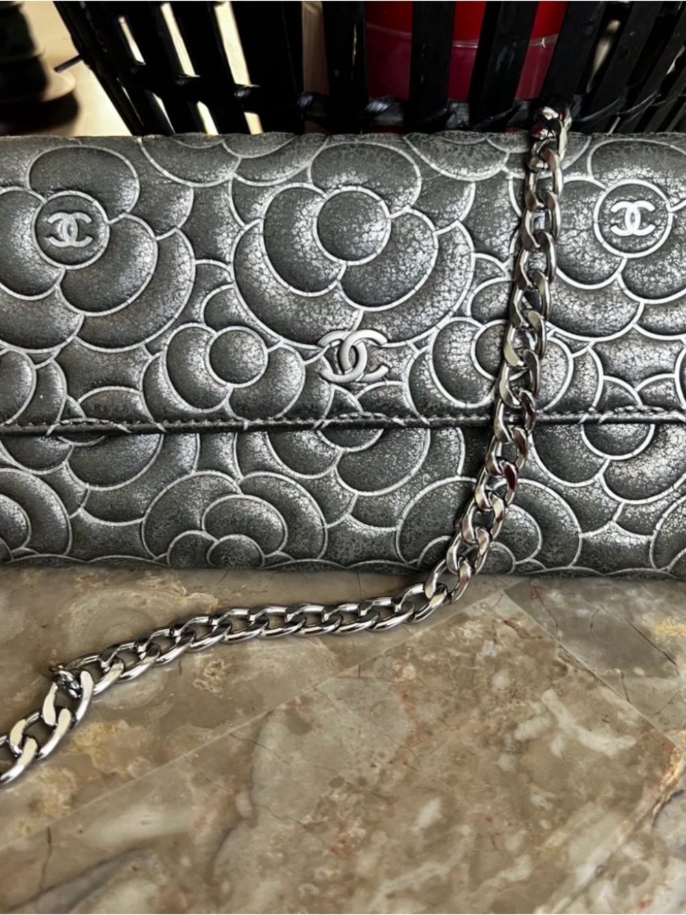 CHANEL Metallic Silver Camellia Quilted long wallet
